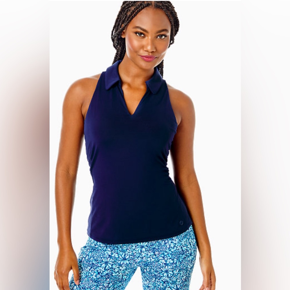 NWT Lilly Pulitzer Lakelyn Bra Polo Top UPF 50+ Luxletic Size L in Navy